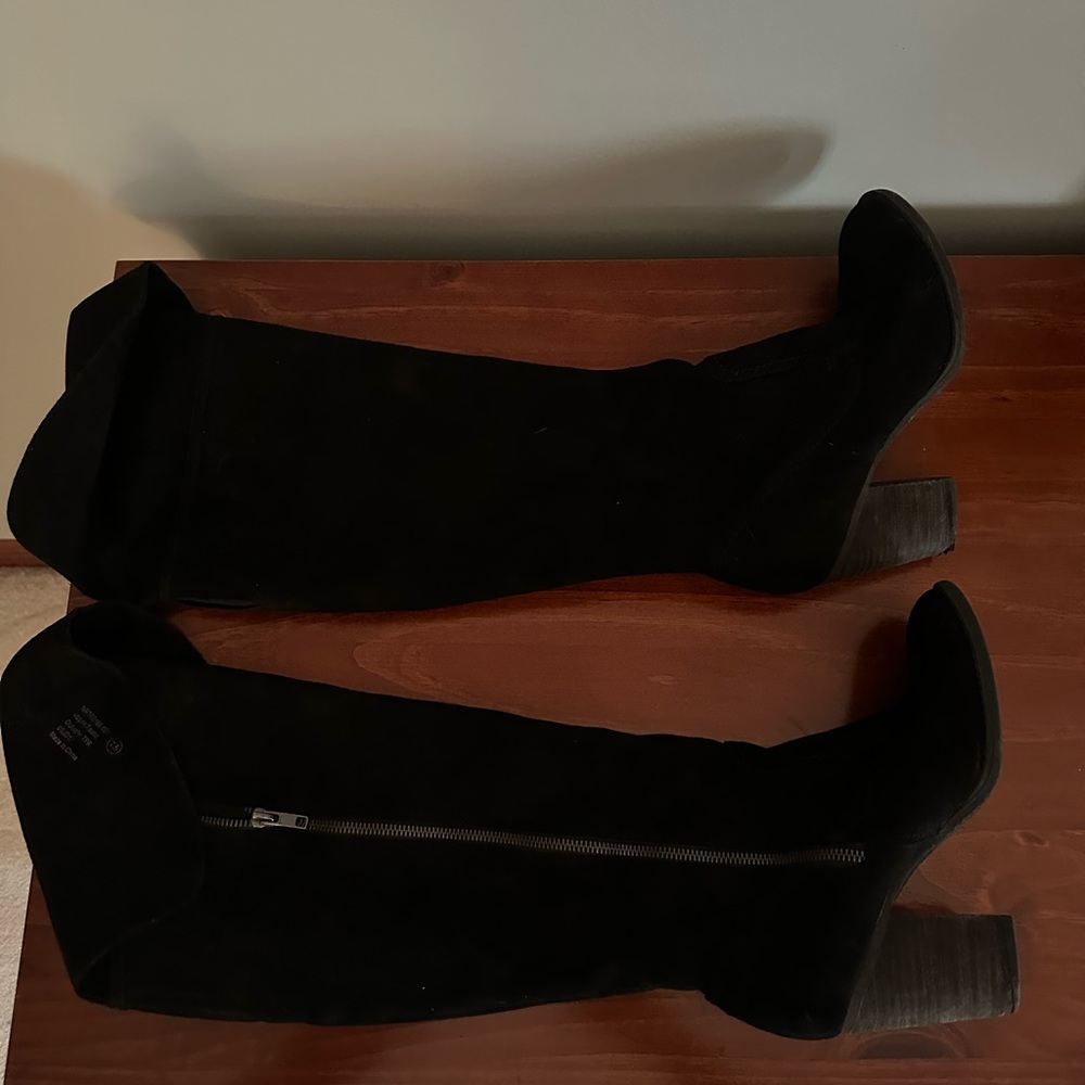 Size 8 black suede over-the-knee boots with inside zipper.